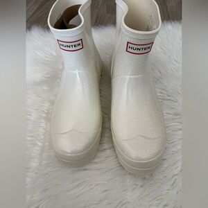 Hunter Off-White Glitter Short Rain Boots, Size 11 NWOB